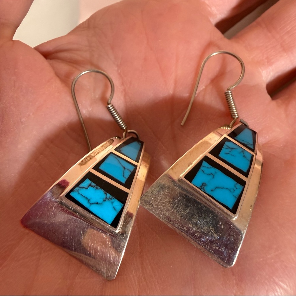 Taxco Vintage sterling silver turquoise southwestern oversized earrings - Picture 12 of 17